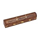 Diwali Gifts Wooden Coffin Incense Stick Cone Burner Holder Stand with Storage Compartment Ash Catcher Hand Carved with Elephant Brass Inlay