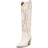 ISNOM Womens Cowboy Knee High Boots Cowgirl Boots Western Boots with Embroidered Pointed Toe Chunky Heel Slip on Retro Tall Boots
