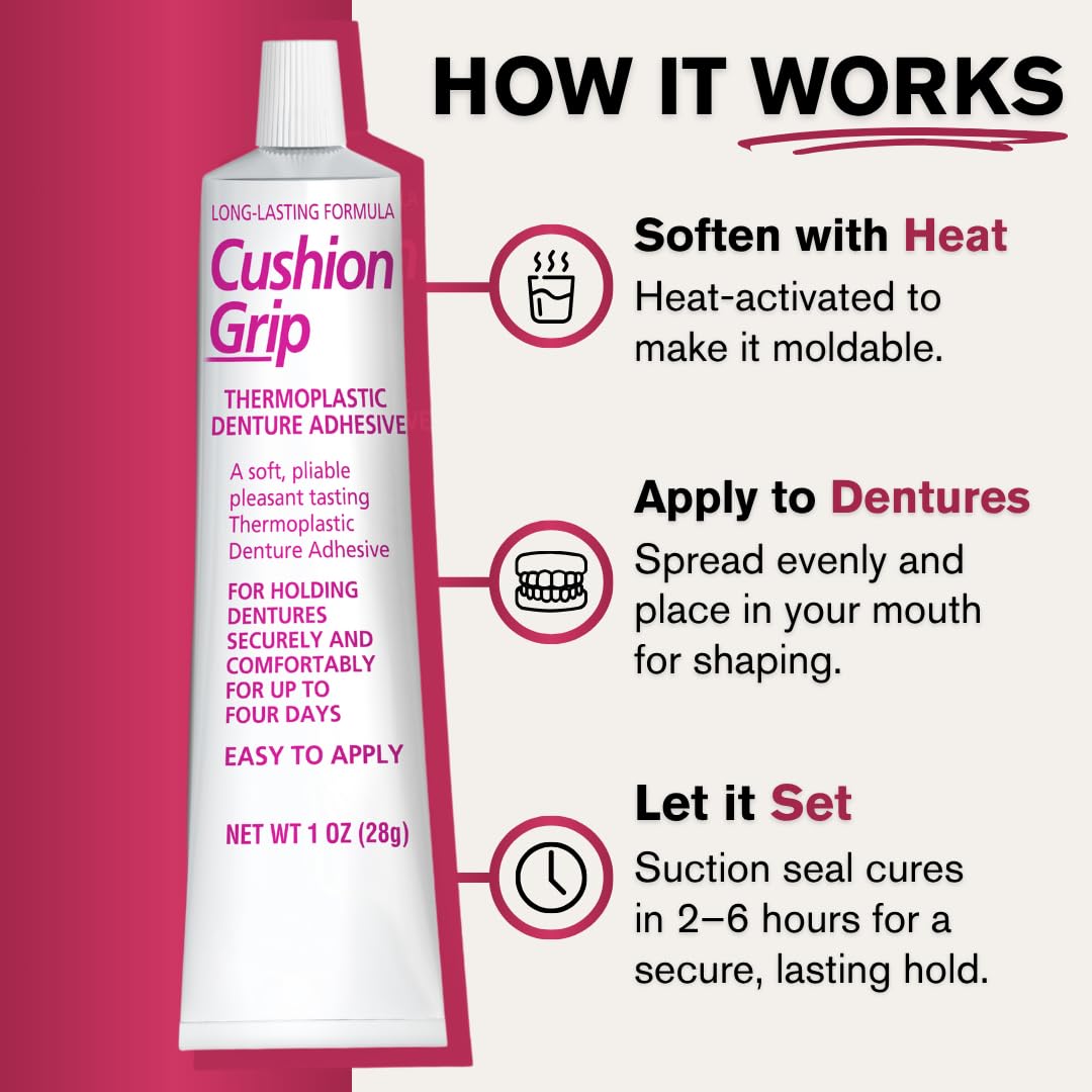 Cushion Grip Thermoplastic Denture Adhesive, 1 oz – Refits & Tightens Loose Dentures for Up to 4 Days, Long-Lasting Glue-Free Formula