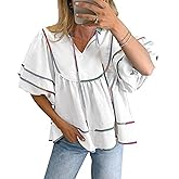 Aisongyuan Women's Summer Boho Tops Puff Sleeve V-Neck Loose Flowy Babydoll Blouses