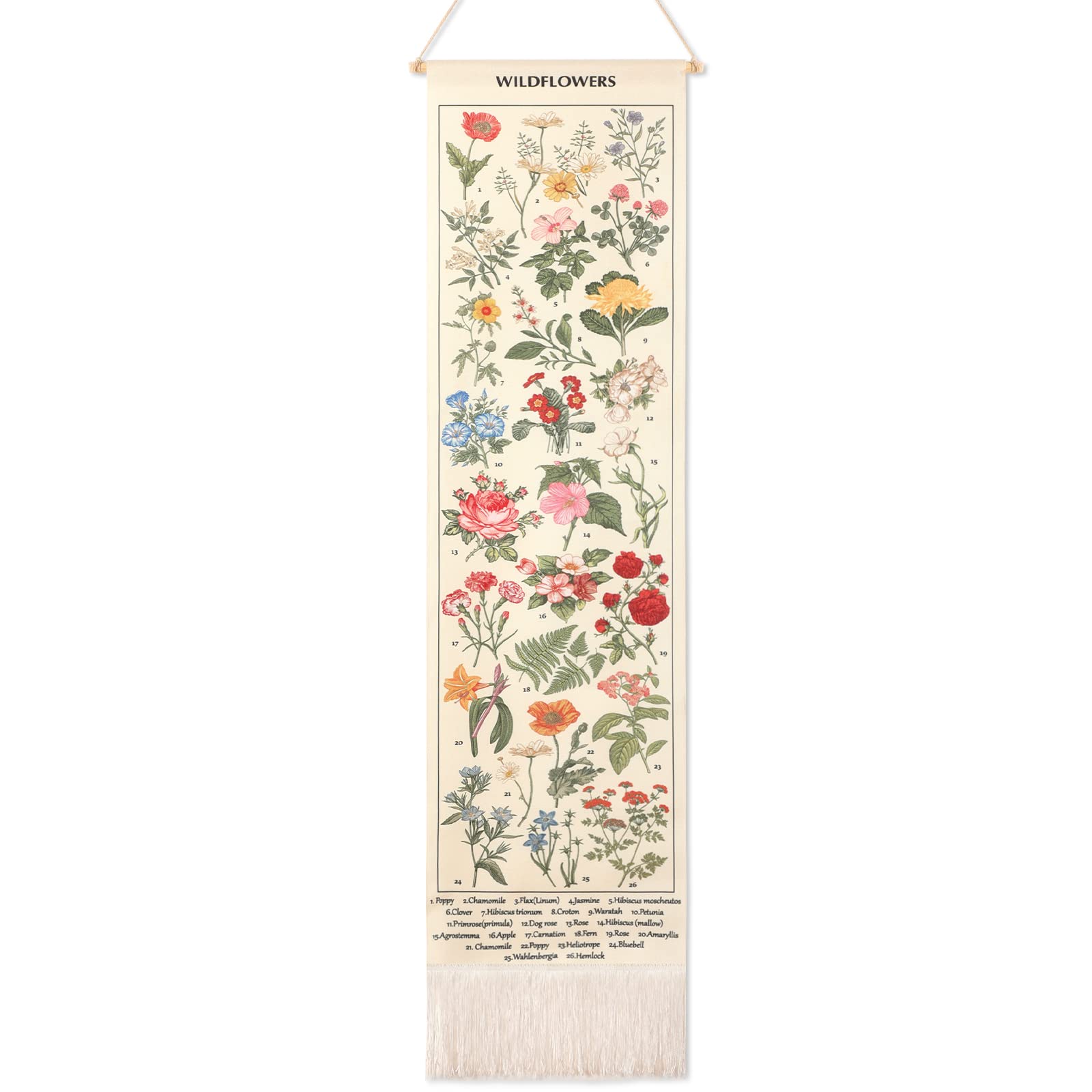 Photo 1 of Geetery Vintage Floral Vertical Tapestry Wall Hanging Long Narrow Wall Fabric Flower Hanging Reference Illustrative Botanical Tassel Tapestry for Home Decor Gift(White)