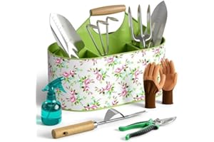 Garden Tool Set with Metal Garden Caddy, 9-Piece Heavy-Duty Rust-Resistant Stainless Steel Tools, Gardening Kit with Wooden H