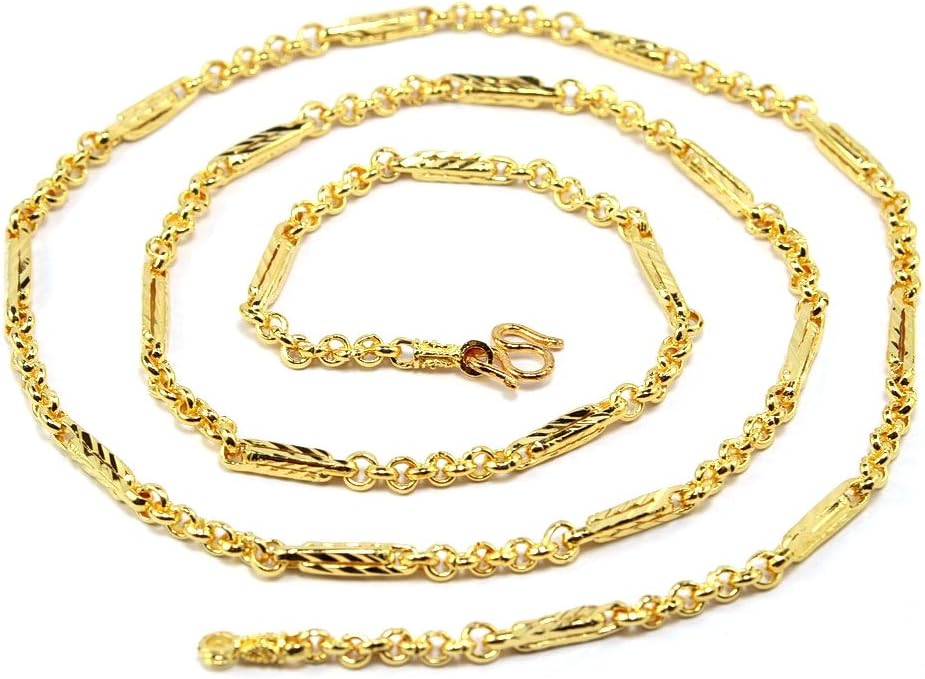 Bangkok BazaarClassic Thai Mix Link Baht Chain 25" Necklace 24k Yellow Gold Plated Jewelry