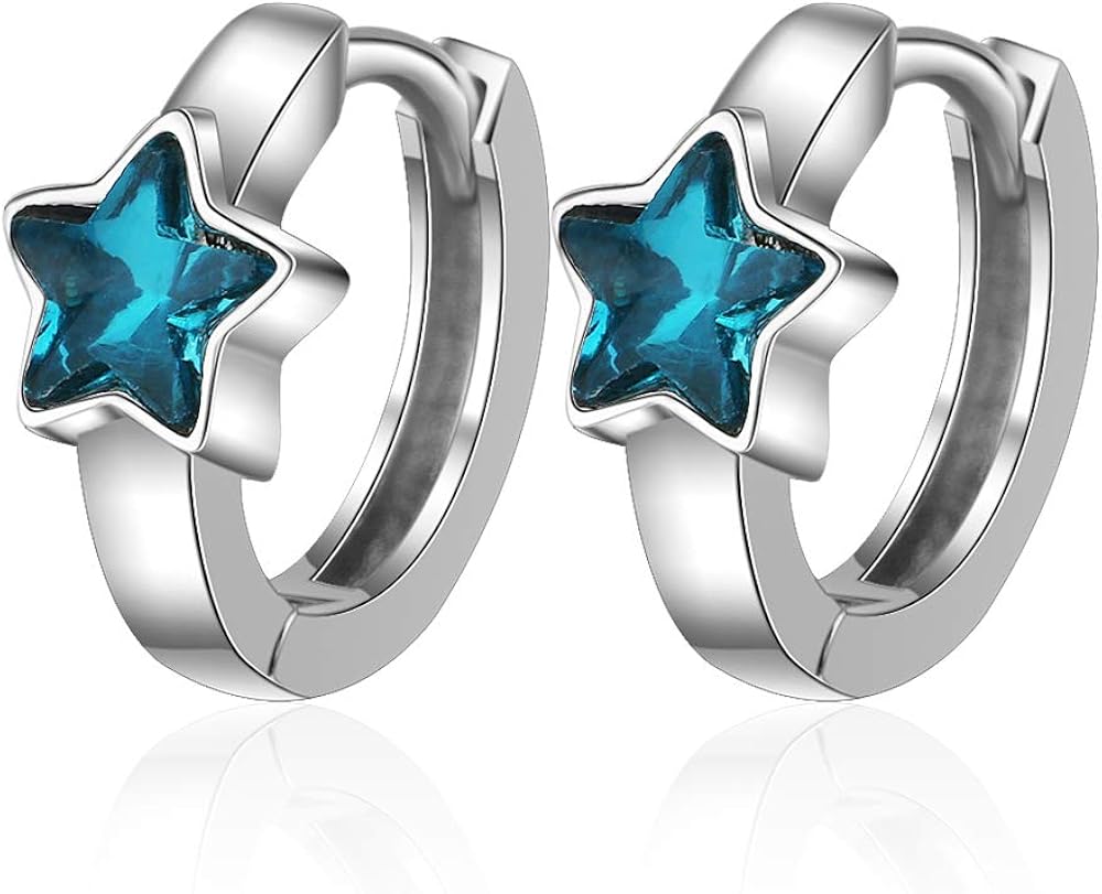 Cute Blue Crystal Star Circle Small Hoops Earrings for Women Jewelry Kids Girls Gifts oorbellen Gift, Blue,Silver
