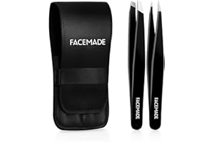 FACEMADE 2 Pack Tweezers Set - Professional Stainless Steel Tweezers for Men and Women, Precision Eyebrow Tweezers for Facial Hair, Chin, and Ingrown Hair Removal (Black)