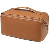 zaleeta Travel Makeup Bag, Large Capacity Cosmetic Organizer Bags for Women, Waterproof PU Leather Toiletry Bags, Wide Open Flat Makeup Case with Divider and Handle