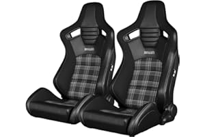 BRAUM Elite-S Series Racing Seats – Black and Grey Plaid Fabric with Black Leatherette Inserts – Reclining Seat Set with Carbon Fiber Backing – Set of 2 (BRR1S-GYPF)