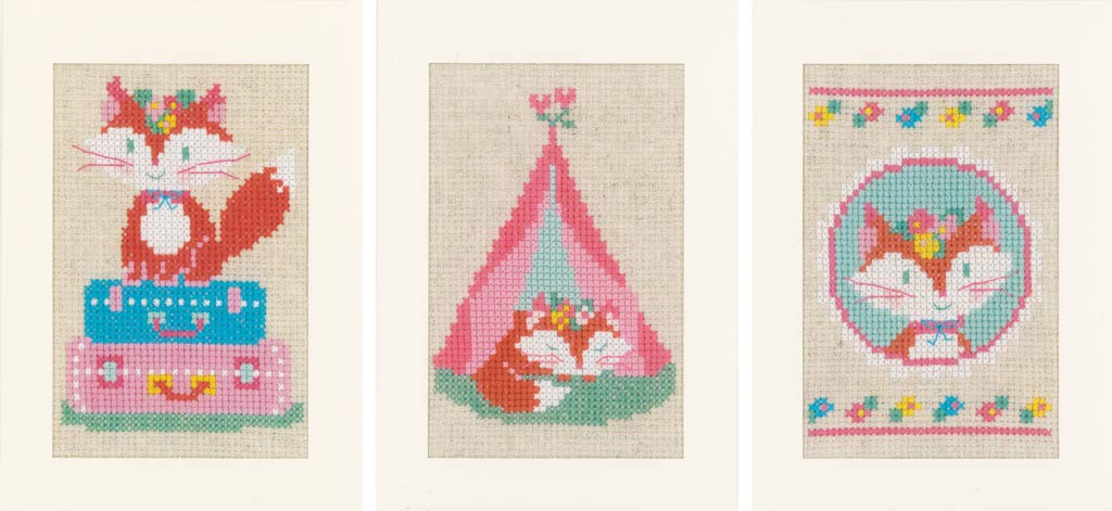 Vervaco Counted Cross Stitch Kit: Cards: LIEF Little Fox on Travel: Set of 3, Acrylic, NA, 10.5 x 15cm