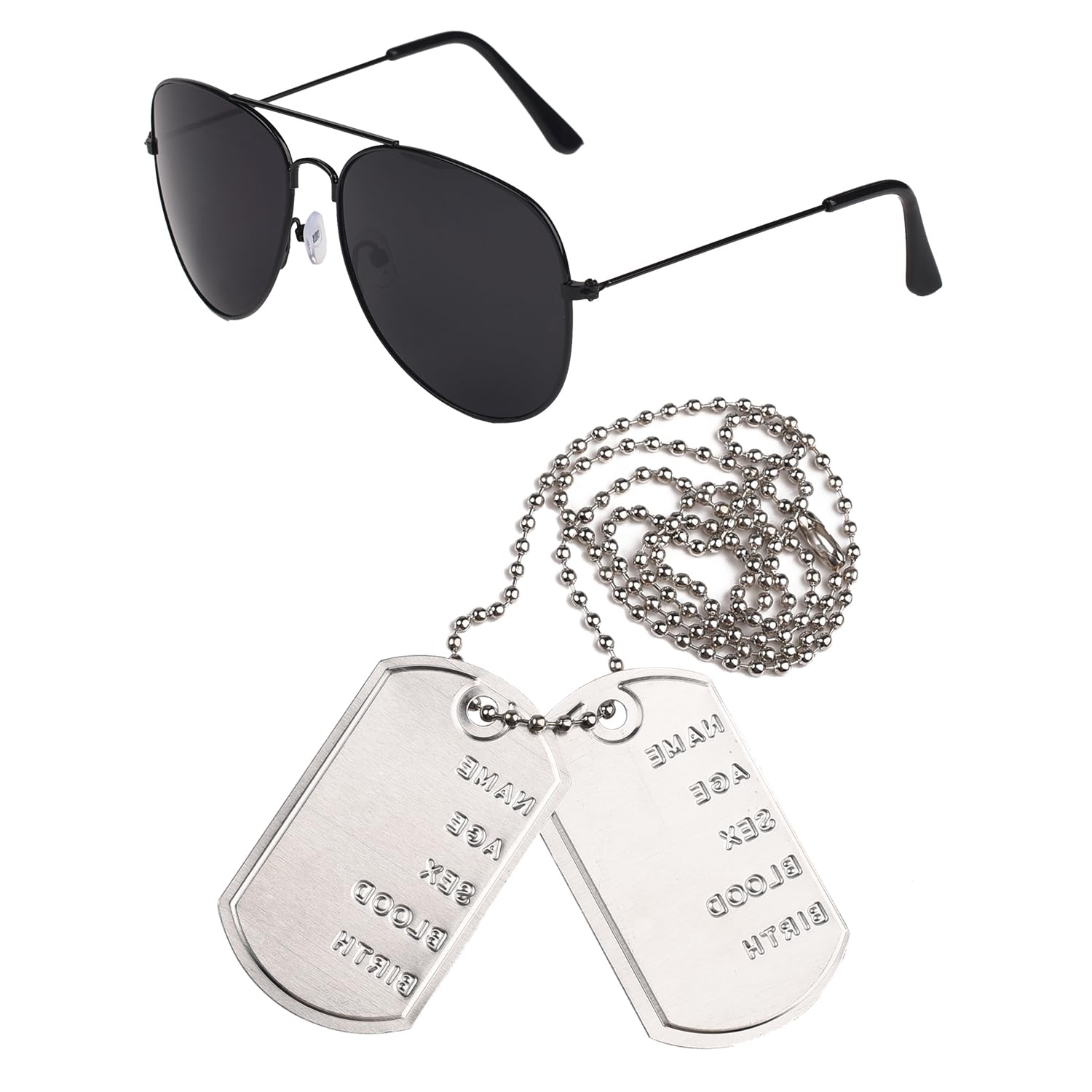 NAUZE 2 Pcs Pilot Fancy Dress Set Sunglasses and Dog Tag Necklace Halloween Aviator Costume Accessory