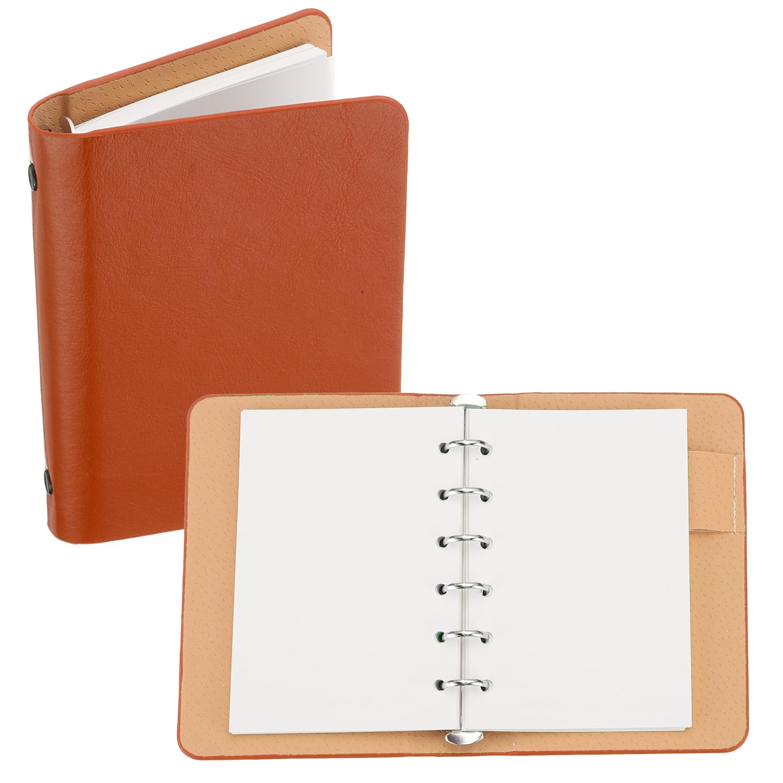 PATIKIL 6 Ring Binder Cover, A7 Leather Notebook Binder Mini Refillable Loose Leaf Personal Planner with 50 Sheets Paper, Orange