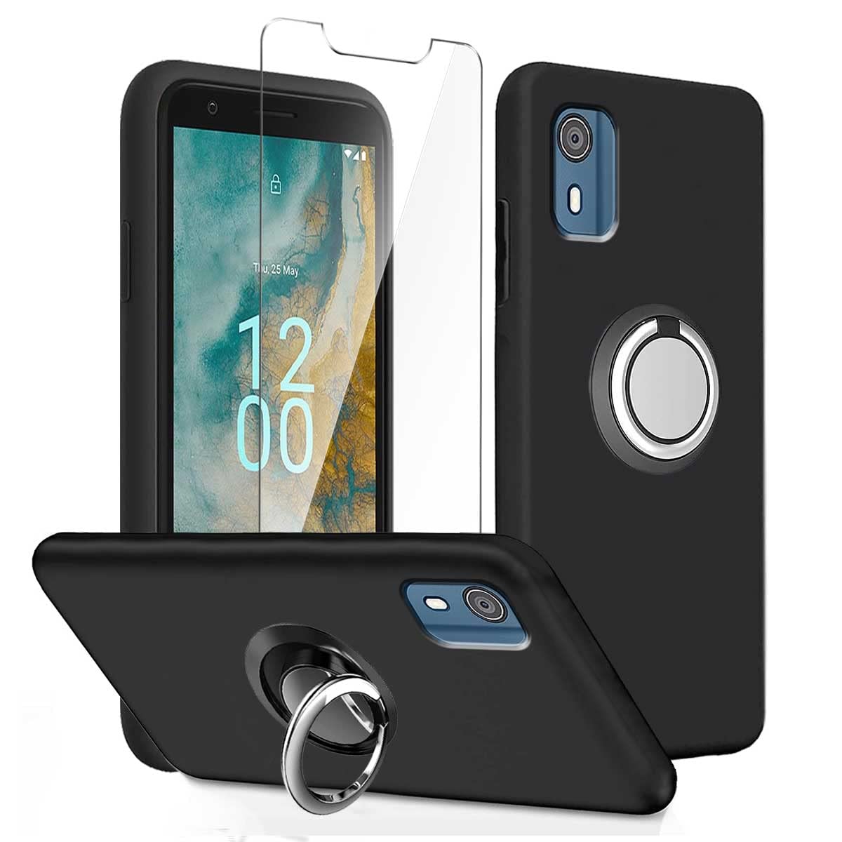 LYZXMY Case Compatible with Nokia C02 (5.45") Black Cover + Rotating Bracket + Tempered Film Glass Screen Protector - Silicone Soft TPU Cover Shell