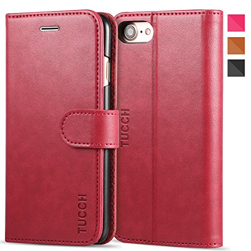 TUCCH PU Leather Wallet Case Flip Folio Wallet Case with Card Slot, Cash Clip, Stand Holder and Magnetic Closure for iPhone 7 – Classic Red