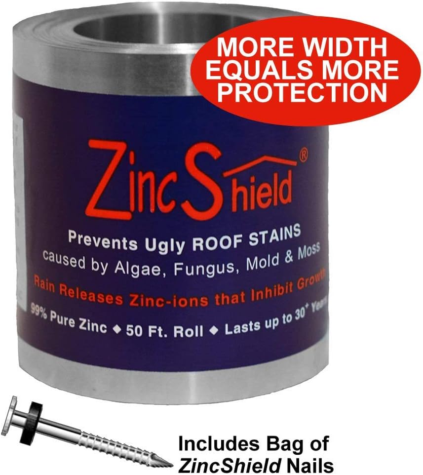 ZincShield Pure Zinc Strip to Avoid Ugly Roof Stains from Moss, Algae, Fungus, and Mildew, 50 Foot Roll - Includes Bag of Nails - Made in The USA (3.5"): Garden & Outdoor