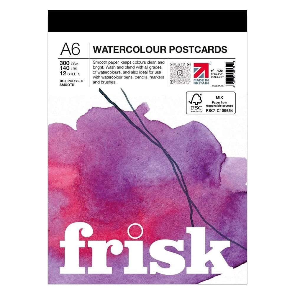 Frisk Watercolour Postcards 300gsm Hot Pressed/Smooth 12sheets A6, White, 23193506