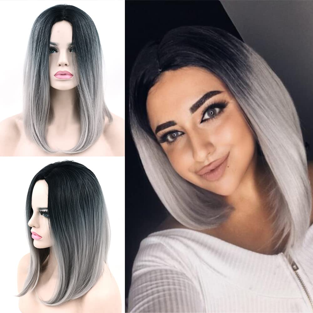 IMISSU Short Natural Hair Wigs Cosplay Wig Ombre Color Halloween Costume Party Wigs for Women (Black to Gray)