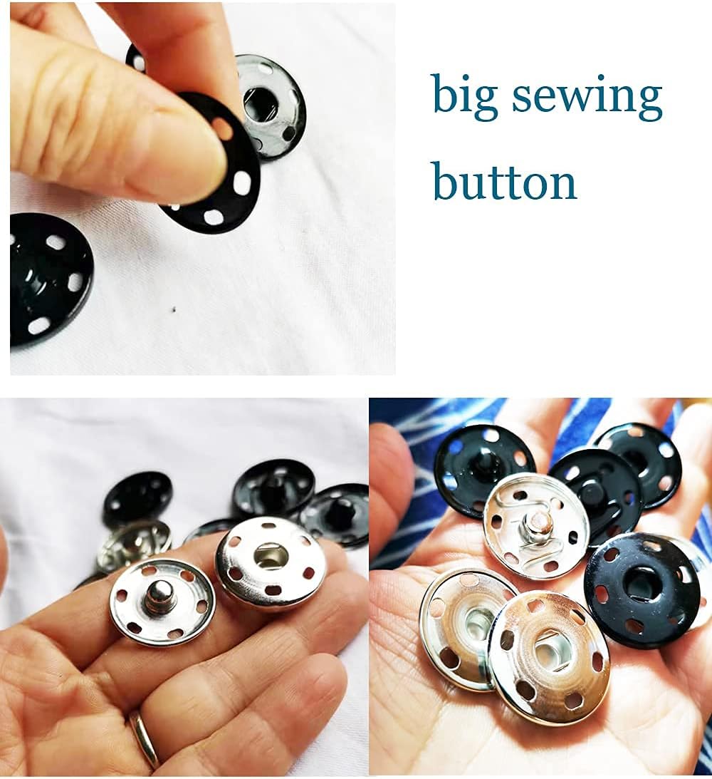 Sew on Snap Buttons 12 Sets Big Metal Snap Fastener Buttons Press Button for Sewing Clothing Silvery and Black (Large Size 0.98IN /25mm)