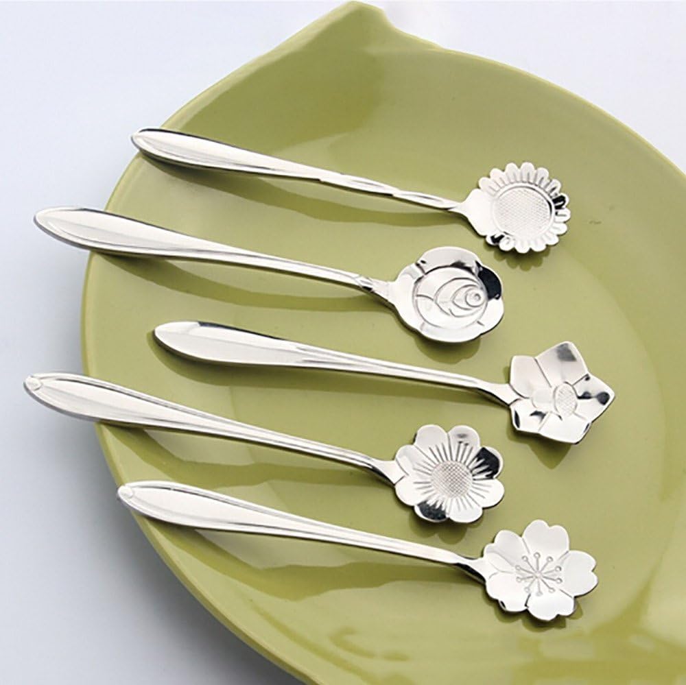 Gaddrt 5Pcs Stainless Steel Cherry Blossoms Spoons Handle Dessert Tea Coffee Flowers Spoon Ice Cream Drinking Tools Kitchen Gadget Great for Coffee Shop Bar Restaurant (Silver)