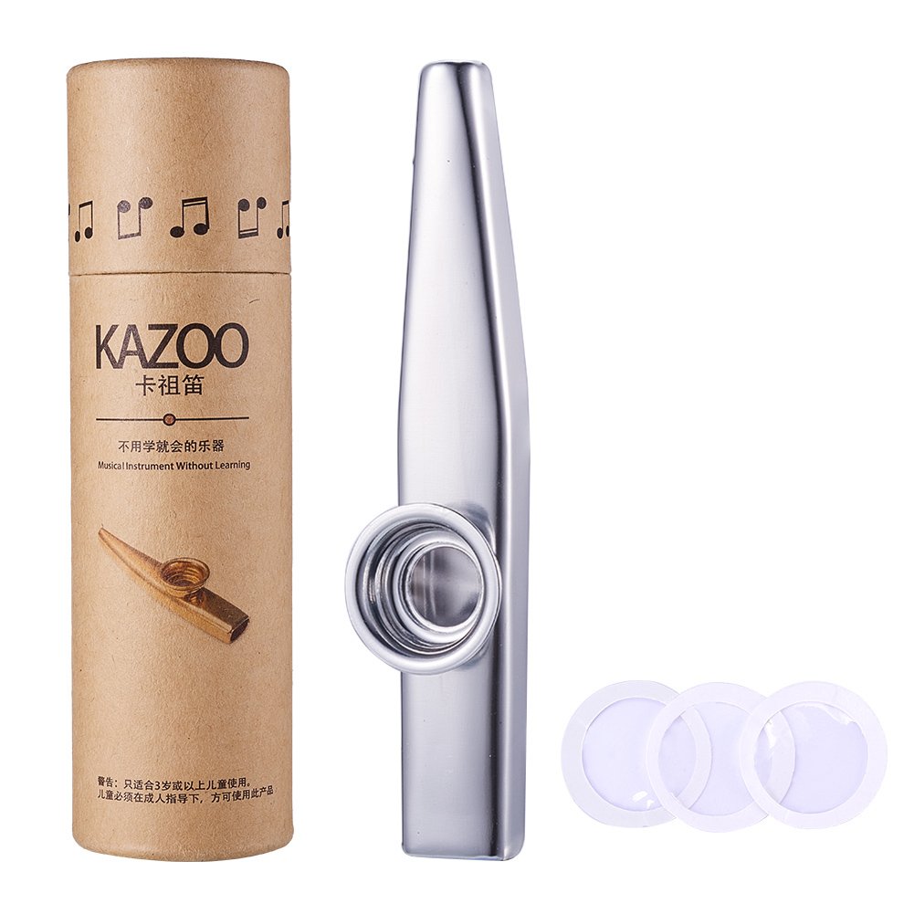 WANDIC Silver Kazoo Musical Instruments Sets Aluminum Alloy Instrumental Accompaniment with 3 Pack Kazoo Membrane Reed