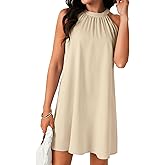 LYANER Women's Halter Neck Sleeveless A Line Ruched Chiffon Flowy Casual Beach Mini Dress