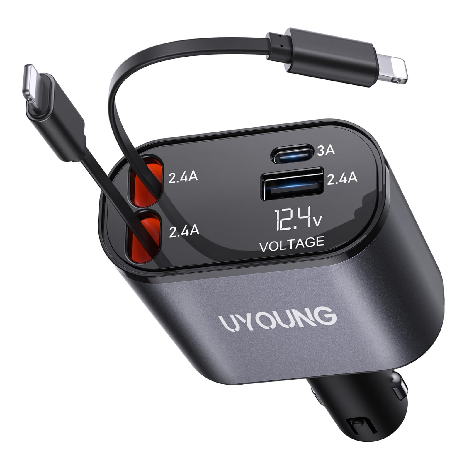 iPhone Car Charger 4 in 1 Fast USB Car Phone Charger 20W Double Lightning Retractable Cables 31.5 Inch and 2 USB Ports Car Charger Adapter for iPhone 17/16/15/14/13/12 Pro Max/XR/XS,Samsung,Pixel,iPad