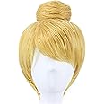 Anogol Hair Cap+ Women Short Gold Wig with Buns Straight Cosplay Costume Wig for Halloween Party Hair Gold Blonde Christmas Wig