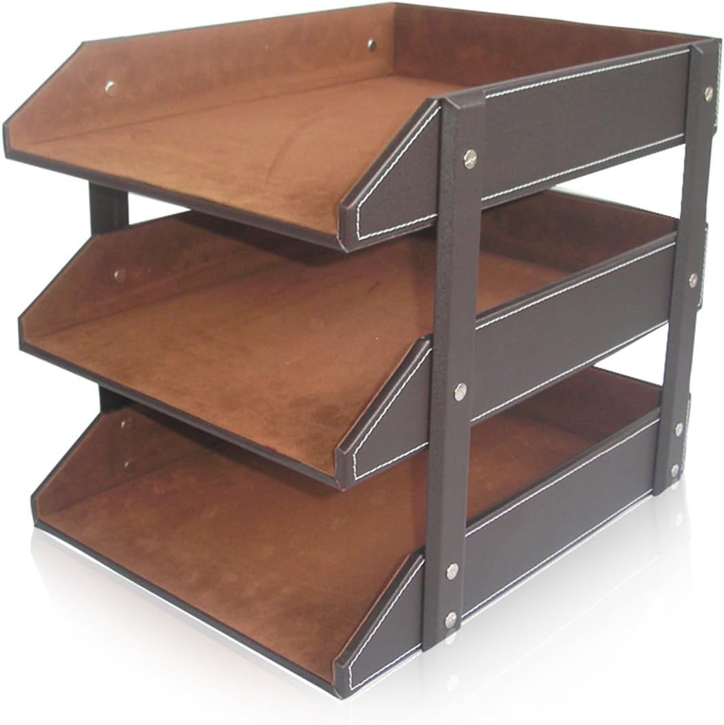 KINGFOM Letter Tray, Leather Paper Organizer Tray, Wooden Desk File Holder, Desktop File, Stackable Magazine Holder, Mail Sorter, Great for Home or Office - 3 Level Brown
