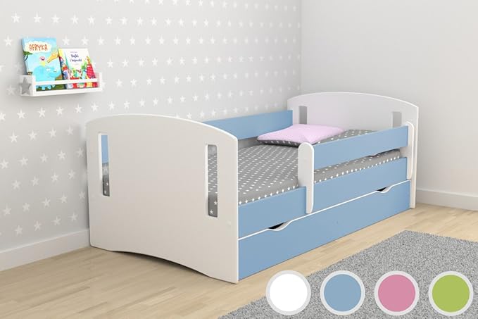 Kocot Kids Kinderbett Jugendbett 80x160 80x180 Blau mit Rausfallschutz Matratze Schublade und Lattenrost Kinderbetten für Mäd