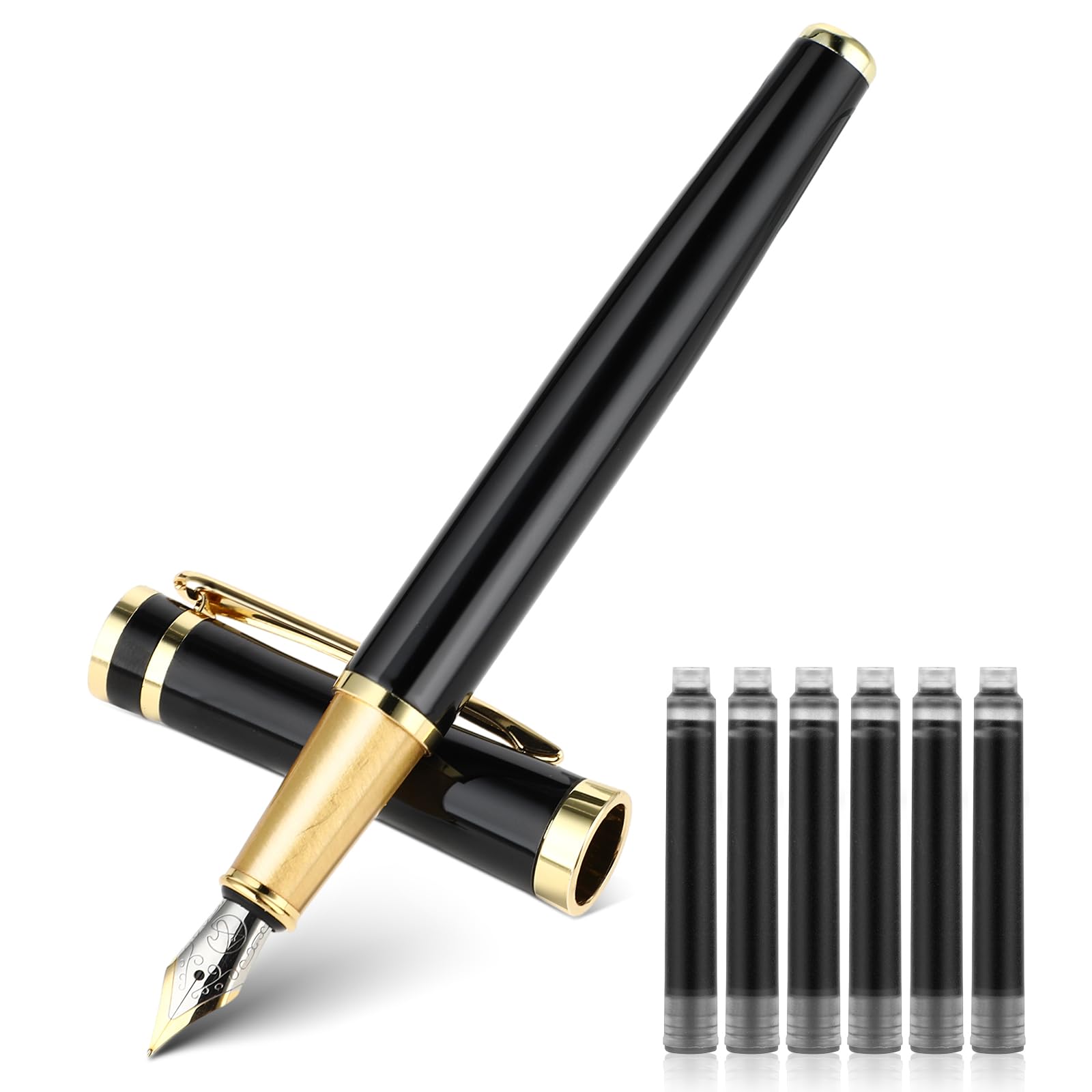 TIESOME Luxury Metal Fountain Pen Set, 0.5mm Fine Nib Fountain Pen with 6 2.6mm Black Ink Cartridges Smooth Writing Pen Gift for Business Office Journaling Men Women