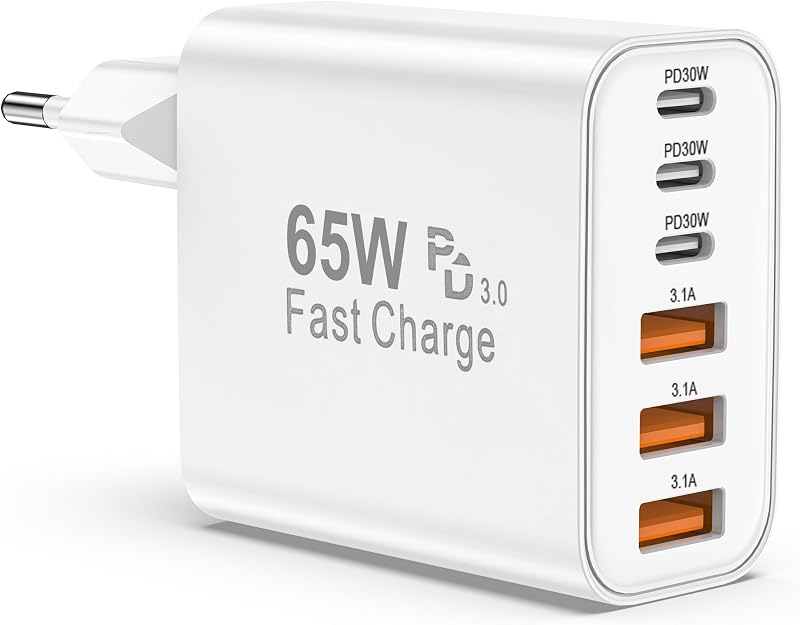 Cargador Carga Rapida USB C 65W 6 Puertos rapido, Múltiple 25W (MAX) Rápido Enchufe Adaptador, Tipo C Movil para iPhone 17 16 15 14 13 12 11 Plus Pro MAX X XS XR, para iPad, para Samsung Charge