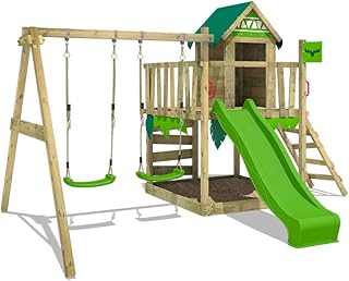 FATMOOSE Spielturm Klettergerüst JazzyJungle mit Schaukel & apfelgrüner Rutsche, Spielhaus mit Sandkasten, Leiter & Spiel-Zubehör