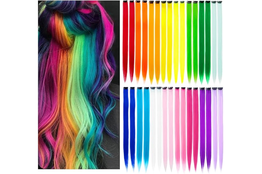 KGBFASS 32Packs Colored Hair Extensions 20Inch Straight Color Clip in on Hair Extension Rainbow Party Highlights Synthetic Hairpiece for Girls (16 colors)
