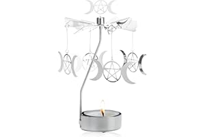MOONCRAFTLOGY Spinning Tea Light Candle Holder, Silver Triple Moon Carousel Candle Spinner, Rotary Tealight Display Metal Rotating Witch Decor for Altar Tables, Valentine's Day, Party Decor, Gifts