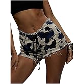 Milumia Women's Cow Print Shorts Lace Up Low Waist Raw Hem Y2k Hot Denim Shorts Cowboy Chic