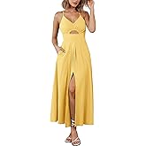 BTFBM Women 2026 Spaghetti Strap Midi Summer Dresses Sleeveless V Neck Cutout Slit Casual Beach Party Maxi Dress Pockets