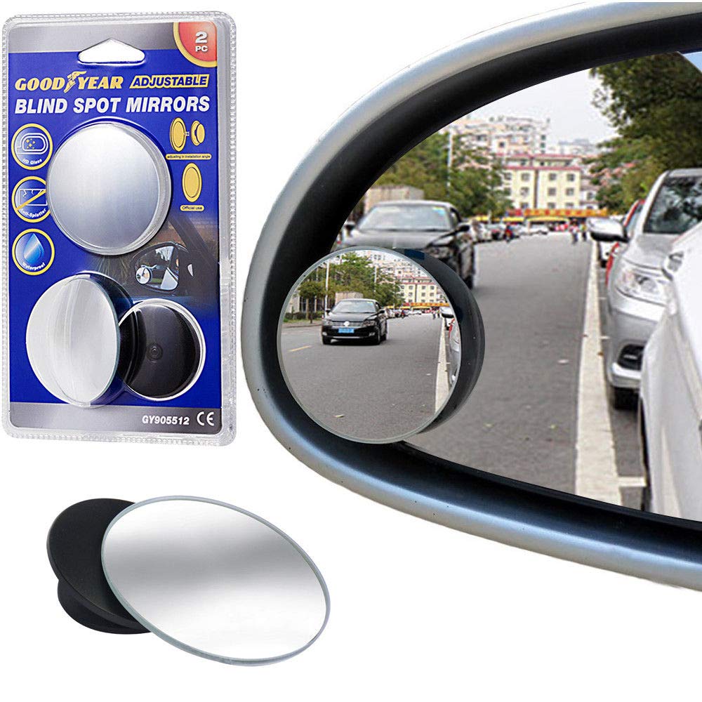 Goodyear Adjustable Blind Spot Stick-On Mirrors 360° Rotatable Protect Alloy Wheels Curb Damage Protector Easy Parking Convex Mirror For Car SUV Trucks - 2 Pack