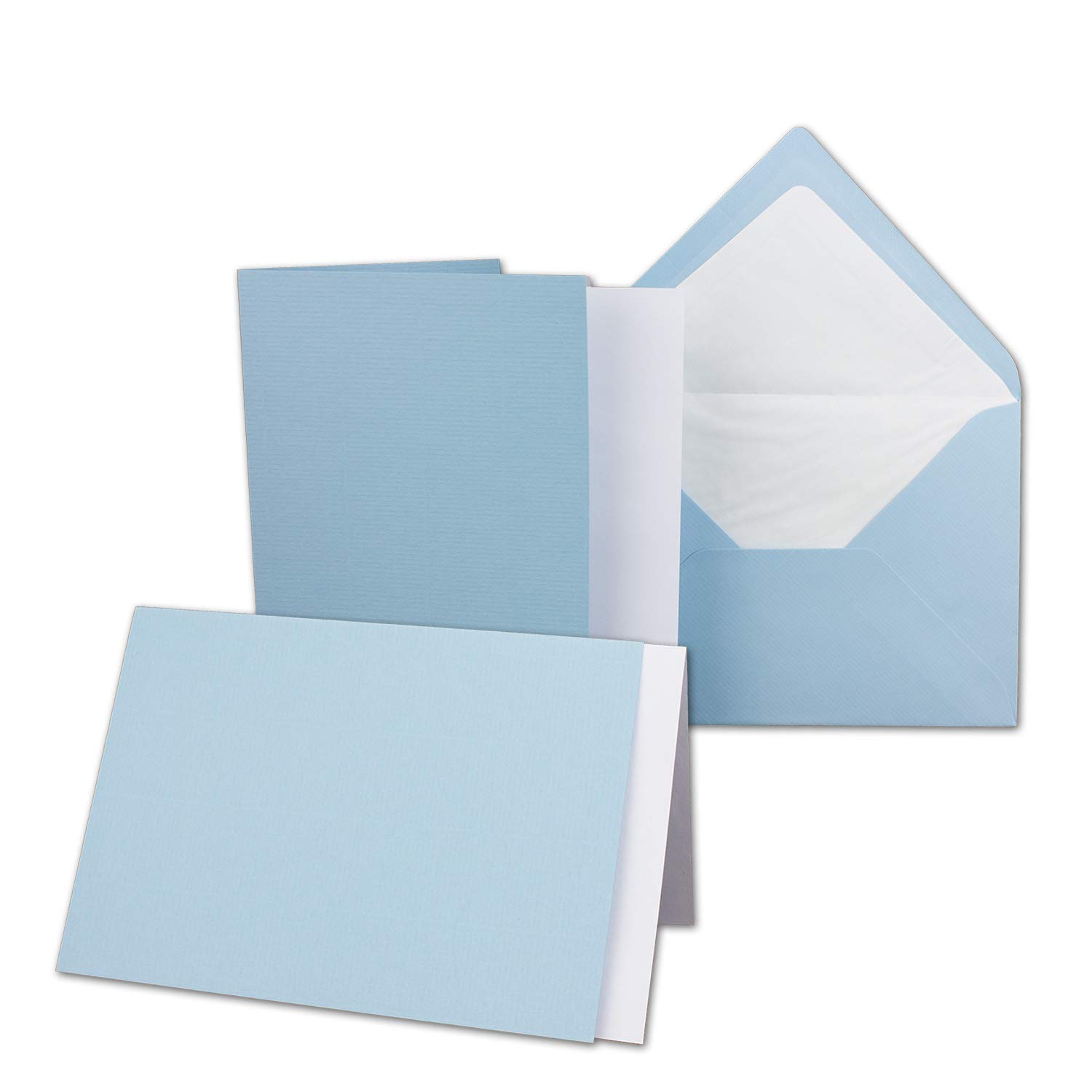 NEUSER PAPIER 50x card set DIN B6-12 x 17 cm - 120 x 170 mm - folding cards with envelopes & inserts - ribbed structure surface - light blue - vintage invitation cards