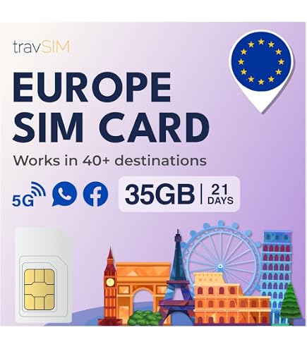 Carte SIM France TravSIM 6GB 4G/5G - Appels Illimités UE + UK + Suisse, 30 Jours, Idéale Vacances Europe