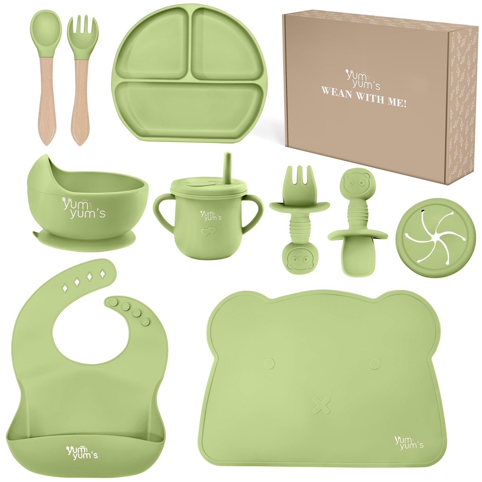Yum Yum's Baby Weaning Set – Includes Toddler Water Bottle, Cups, Baby Bowls, Spoon, Fork, Baby Plate Set & More - Baby Feeding Set & Baby Gifts & Present - 10 Pieces (Mint Green)