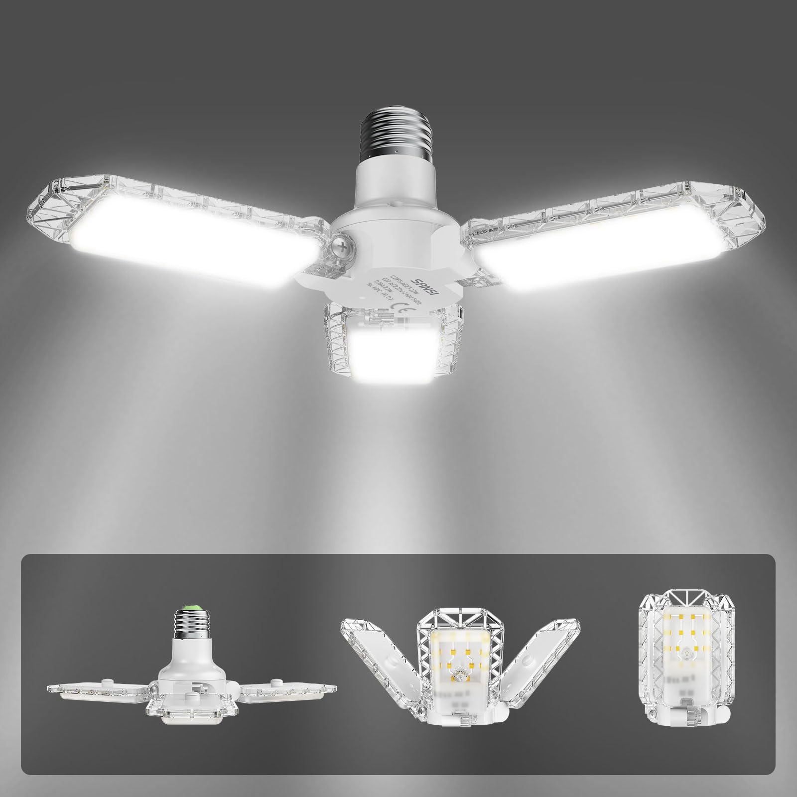 SANSI E27 LED Garage Light 22W, Super Bright 2700 Lumens 5000K Daylight LED Ceiling Light with 3 Adjustable Panels, Screw in E27 Bulb Socket for Workshop Storage Room Basement - 8 * 8 * 10.8cm, White