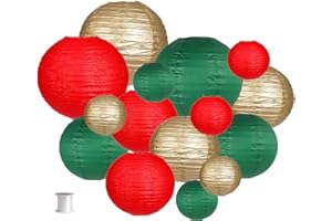 zilue Paper Lanterns Decorative, Round Hanging Paper Lanterns Decorations for Christmas Graduation Anniversary Birthday Party Supplies Green/Red/Gold 15pcs