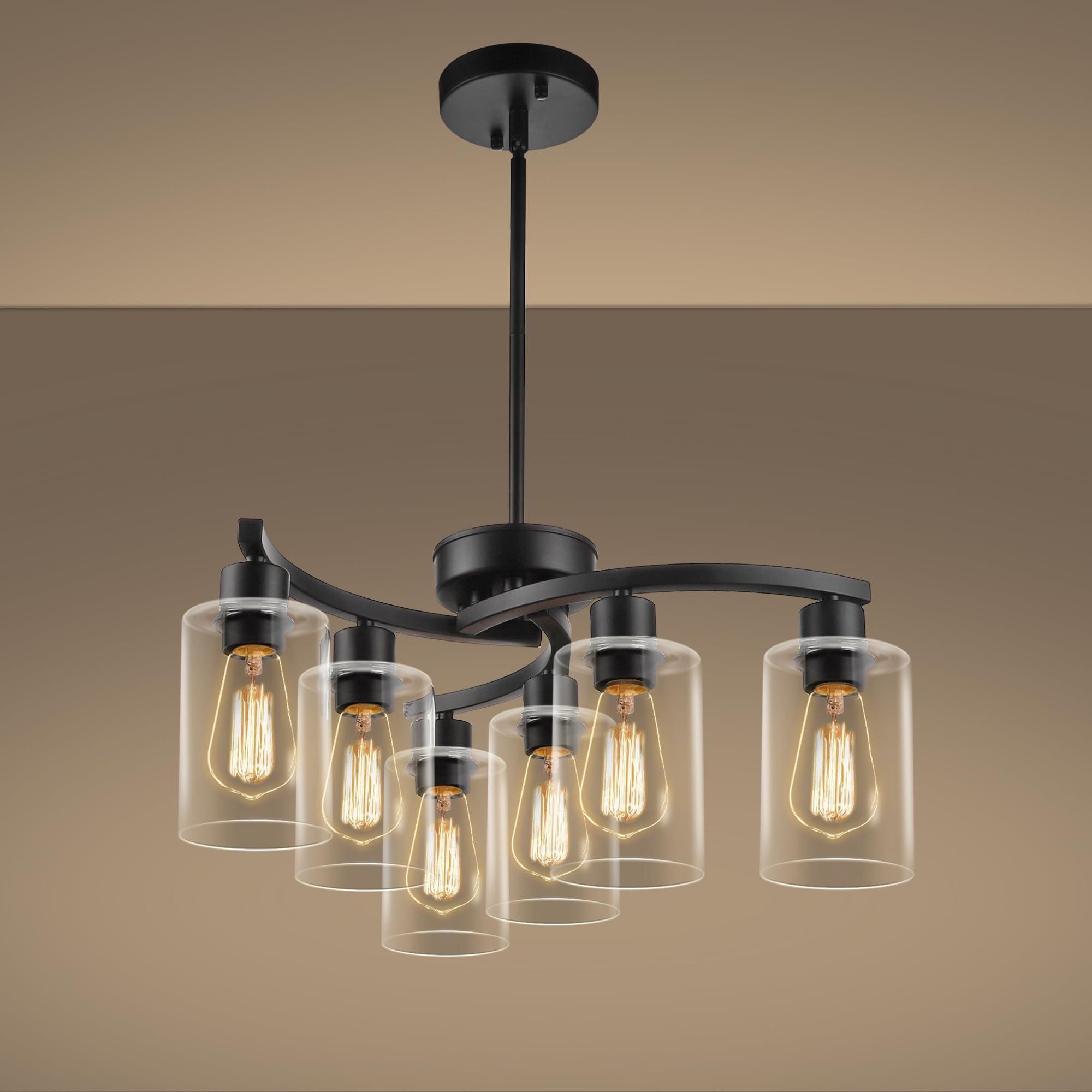 Photo 1 of Sigaitwei 6 Light Modern Chandeliers for Dining Room,21.7" Black Hanging Light Fixture?Kitchen Pendant Lighting Over Island?Industrial Farmhouse Chandelier,Metal with Downward Clear Glass Shade