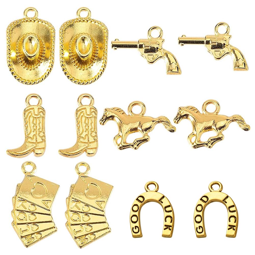 SUNNYCLUE 1 Box 84Pcs 6 Styles Western Cowboy Charms Cowboy Boots Charms Gold Alloy Metal Boots Hats Horses Horseshoe Antique Cowboy Charm for Jewelry Making Charms Diy Necklace Bracelet Earring Women