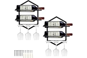 YALINKA Wall Mounted Wine Stemware Rack, Metal Hanging Wine Glass Display Holde Holds 3 Cups 2 Bottles, Elegant Storage for Kitchen Dining Room Bar Wine Cellar (Black 2)