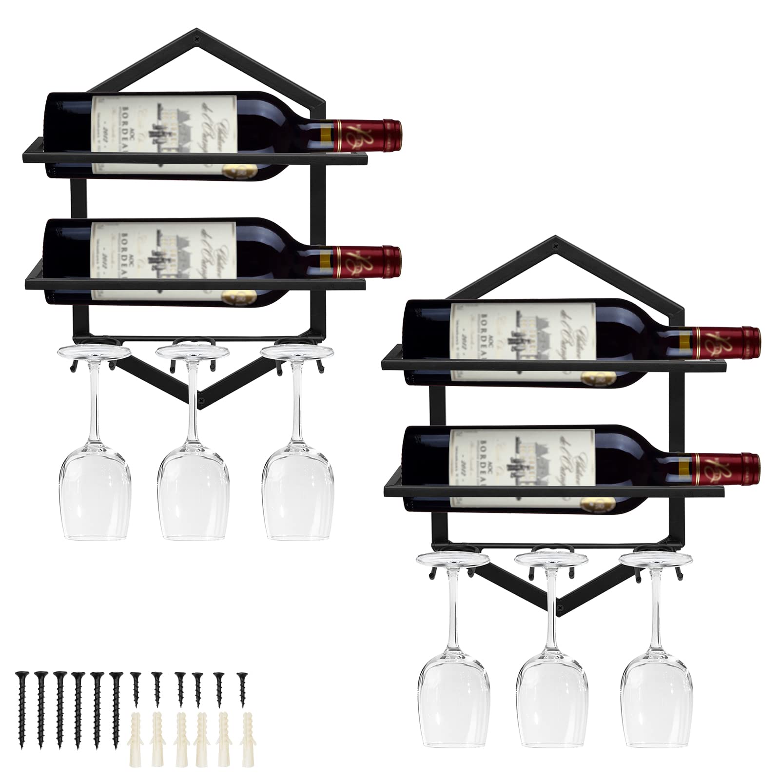 Giyiprpi Wall Mounted Wine Stemware Rack, Metal Hanging Glass Display Holds 3 Cups 2 Bottles, Elegant Storage for Kitchen Dining Room Bar Wine Cellar (Black)