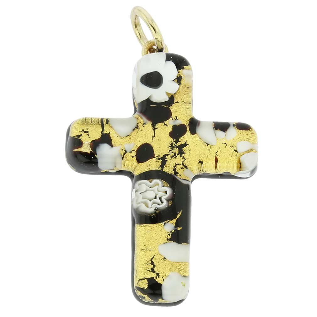 Glass Of Venice Murano Glass Venetian Reflections Cross Pendant - Black Gold