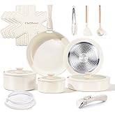 Chef Power Ceramic Cookware Set Non Toxic with Detachable Handles, Healthy Nonstick Pans and Pots Set 19 Pcs, Induction Dishwasher Oven Safe Kitchen Set, PFAS PFOA & PTFE Free, Cream White