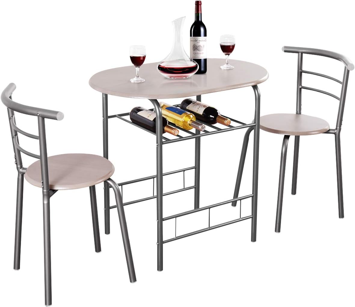 Giantex 3 Piece Dining Set Compact 2 Chairs and Table Set with Metal Frame and Shelf Storage Bistro Pub Breakfast Space Saving for Apartment and Kitchen (Beech) - Table & Chair Sets