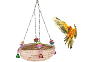 KEERSI Woven Straw Nest Bed Large Bird Swing Toy with Bell for Parrot Cockatiel Parakeet African Grey Cockatoo Macaw Amazon Conure Budgie Canary Lovebird Finch Hamster Chinchilla Cage Perch