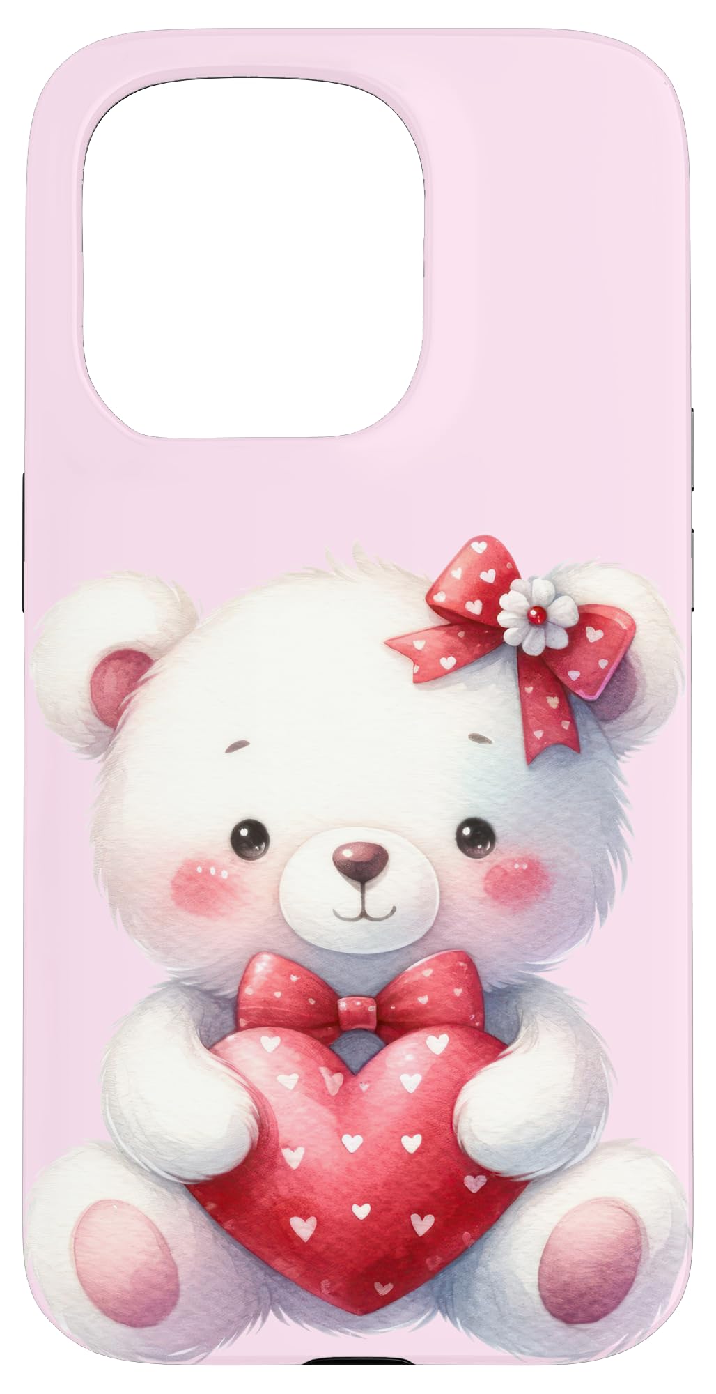 iPhone 15 Pro White Teddy Bear Love Valentine's Day Red Heart Case