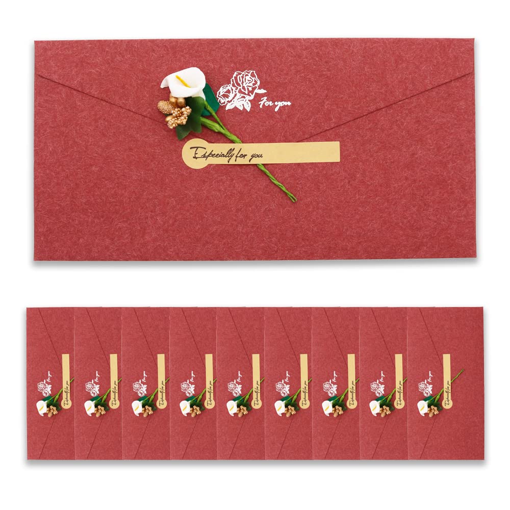 BITEYI 10pcs Fancy Envelopes with Greeting Cards Handmade Dried Flowers and Stickers,Vintage Kraft Paper Envelopes with Postcards (Red)
